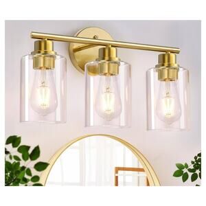 Amazon Brushed Gold Bathroom Vanity Light 3-Light Fixture Clear Glass New